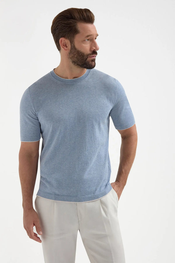 T-shirt in cotone azzurro con dettaglio colletto - Made in Italy