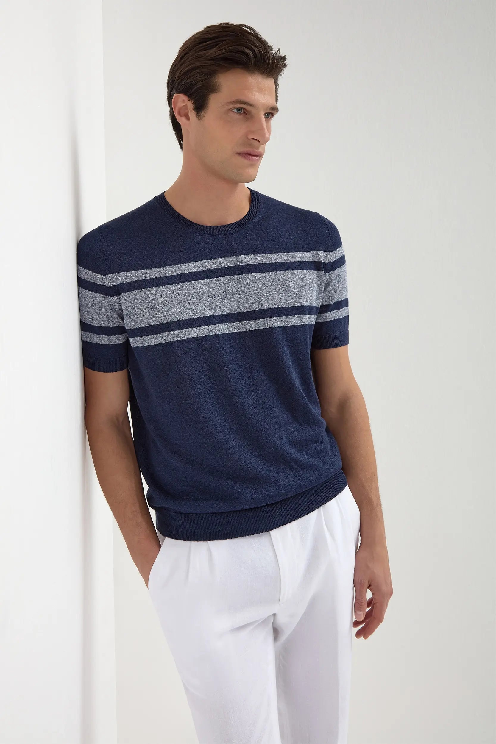 Blue striped linen t-shirt - Made in Italy