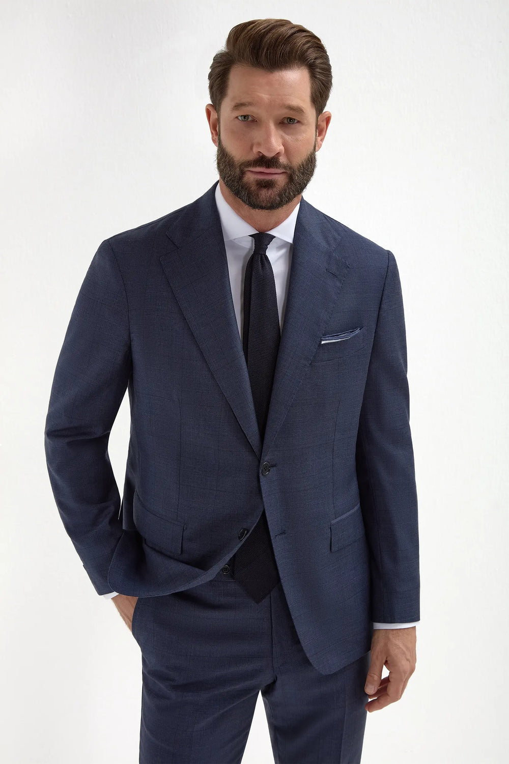 Blue Avio Prince of Wales Full Canvas Suit, men's blue Prince of Wales suit, tailored blue check suit, elegant blue suit, costume bleu Avio Prince de Galles, costume bleu à carreaux, costume élégant en pleine toile, completo blu Avio Principe di Galles, abito blu a quadri, abito elegante in tela intera, Zelander Natural Stretch