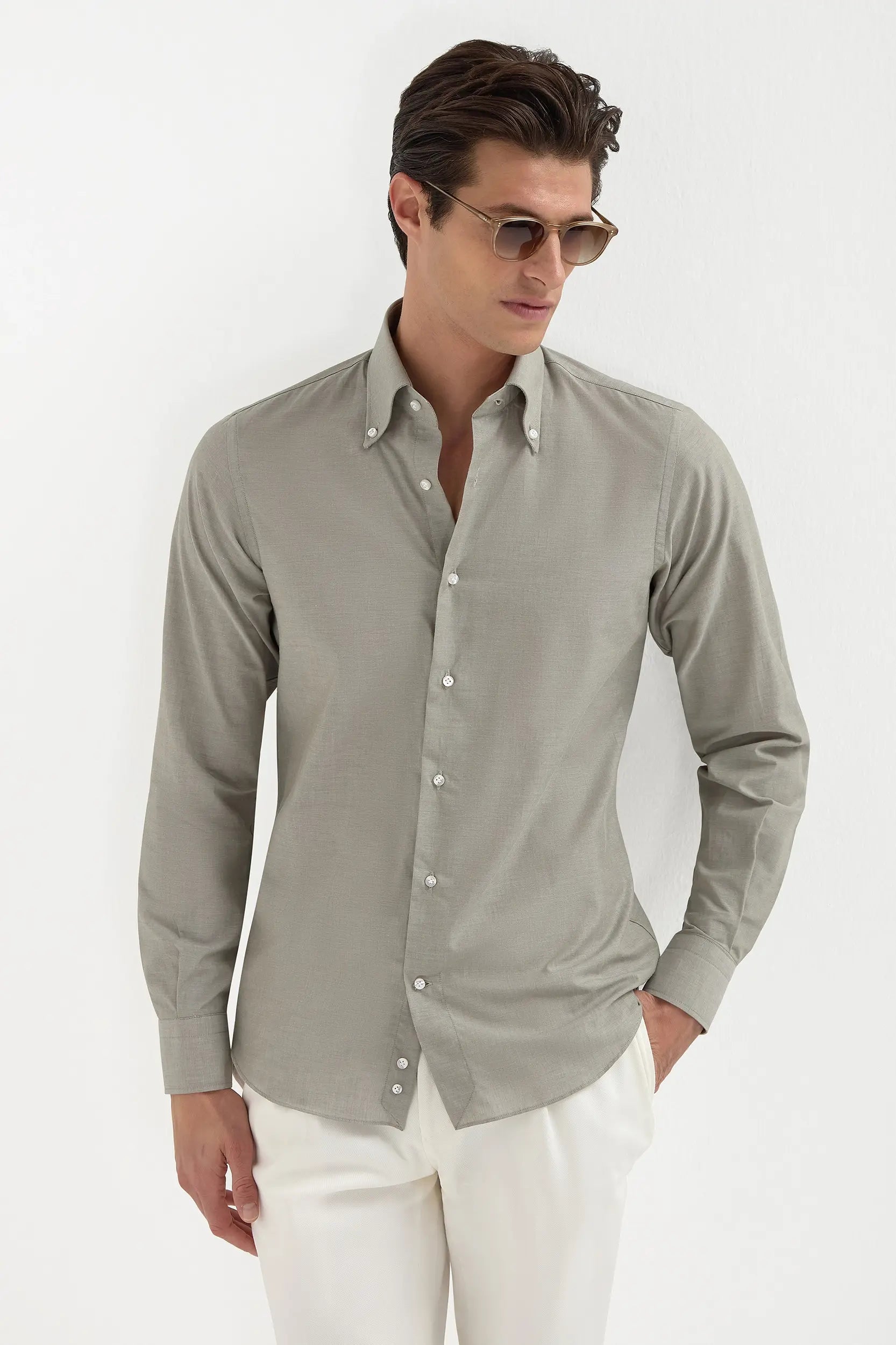 Chemise à col boutonné chambray Sauge - Made in Italy