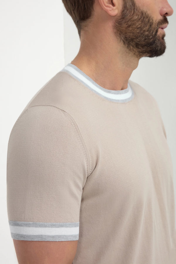 Beige striped collar detail knitted t-shirt - Made in Italy