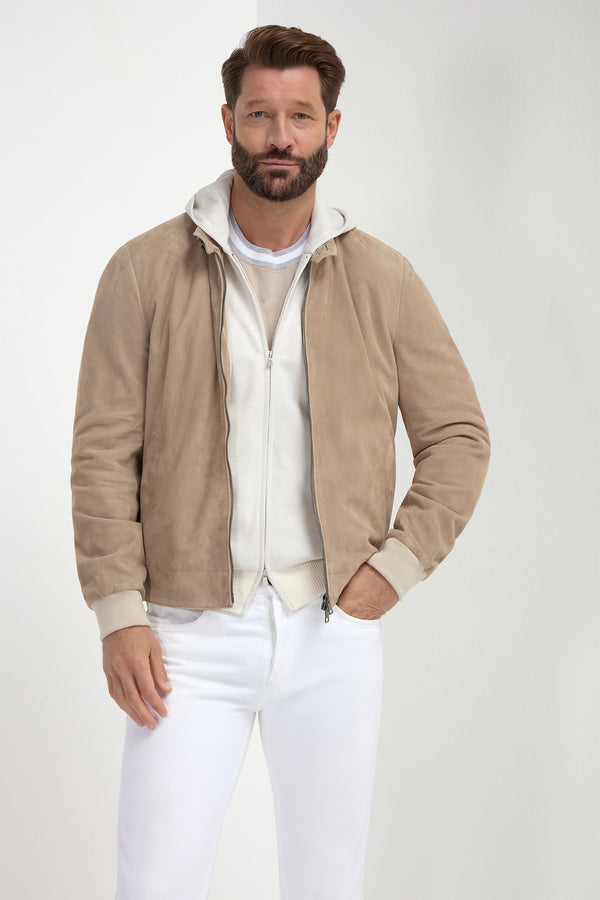 T-shirt lavorata a maglia con dettaglio colletto a righe beige - Made in Italy