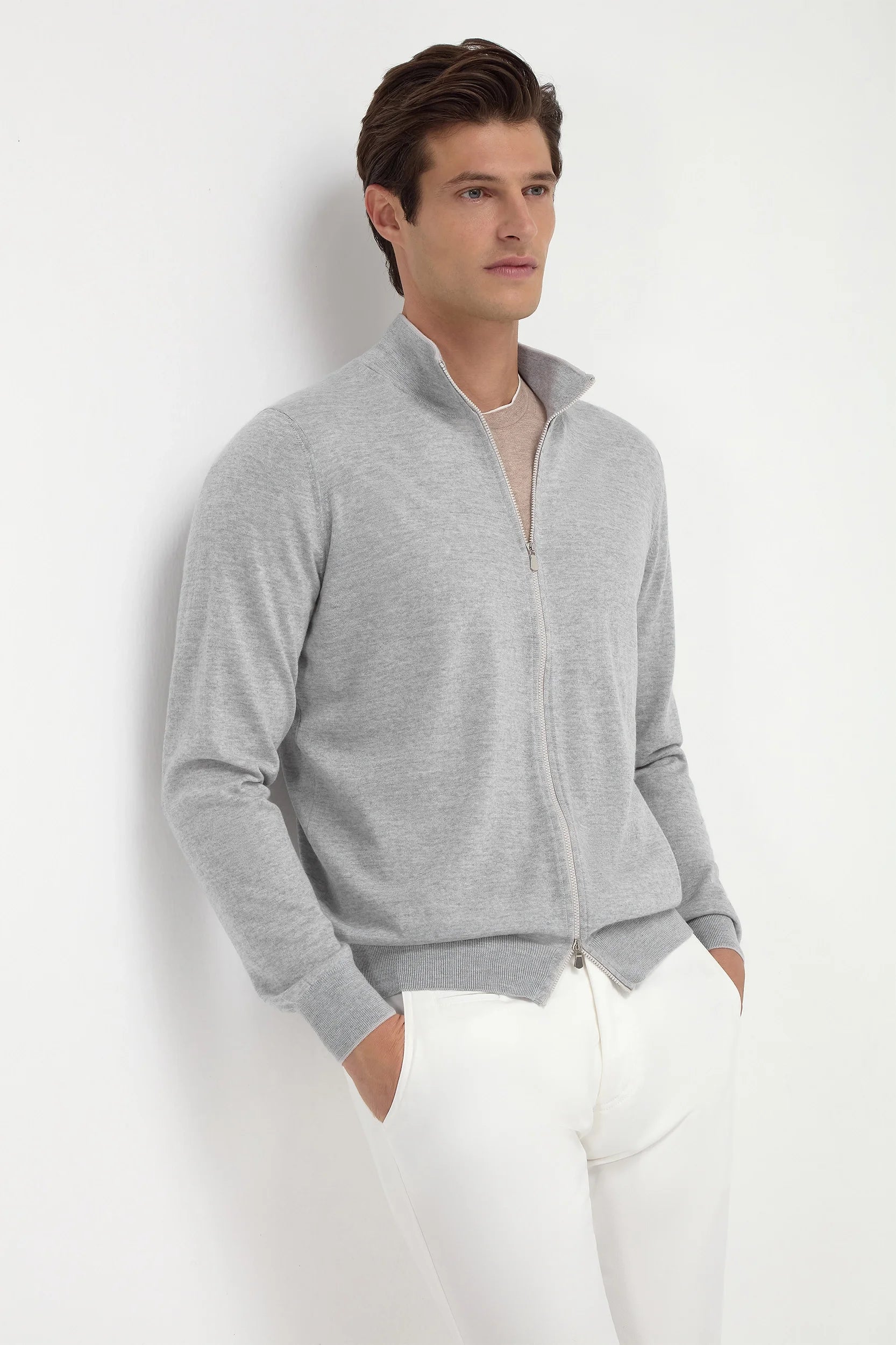 Cardigan full zip in lana Tasmania color grigio cielo - Made in Italy