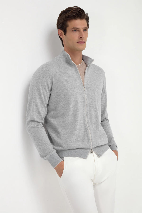 Sky grey Tasmanian wool full zip cardigan - Made in Italy