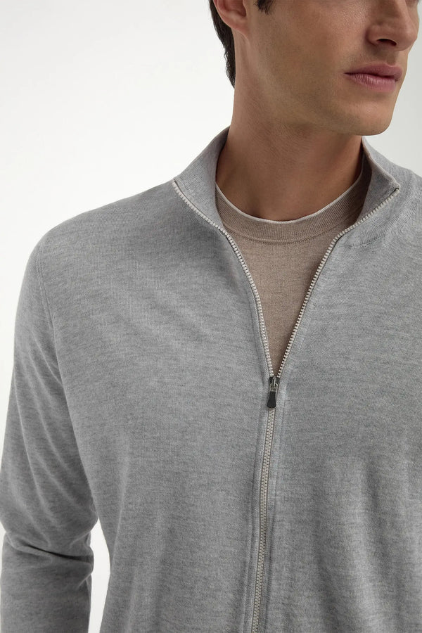 Sky grey Tasmanian wool full zip cardigan - Made in Italy