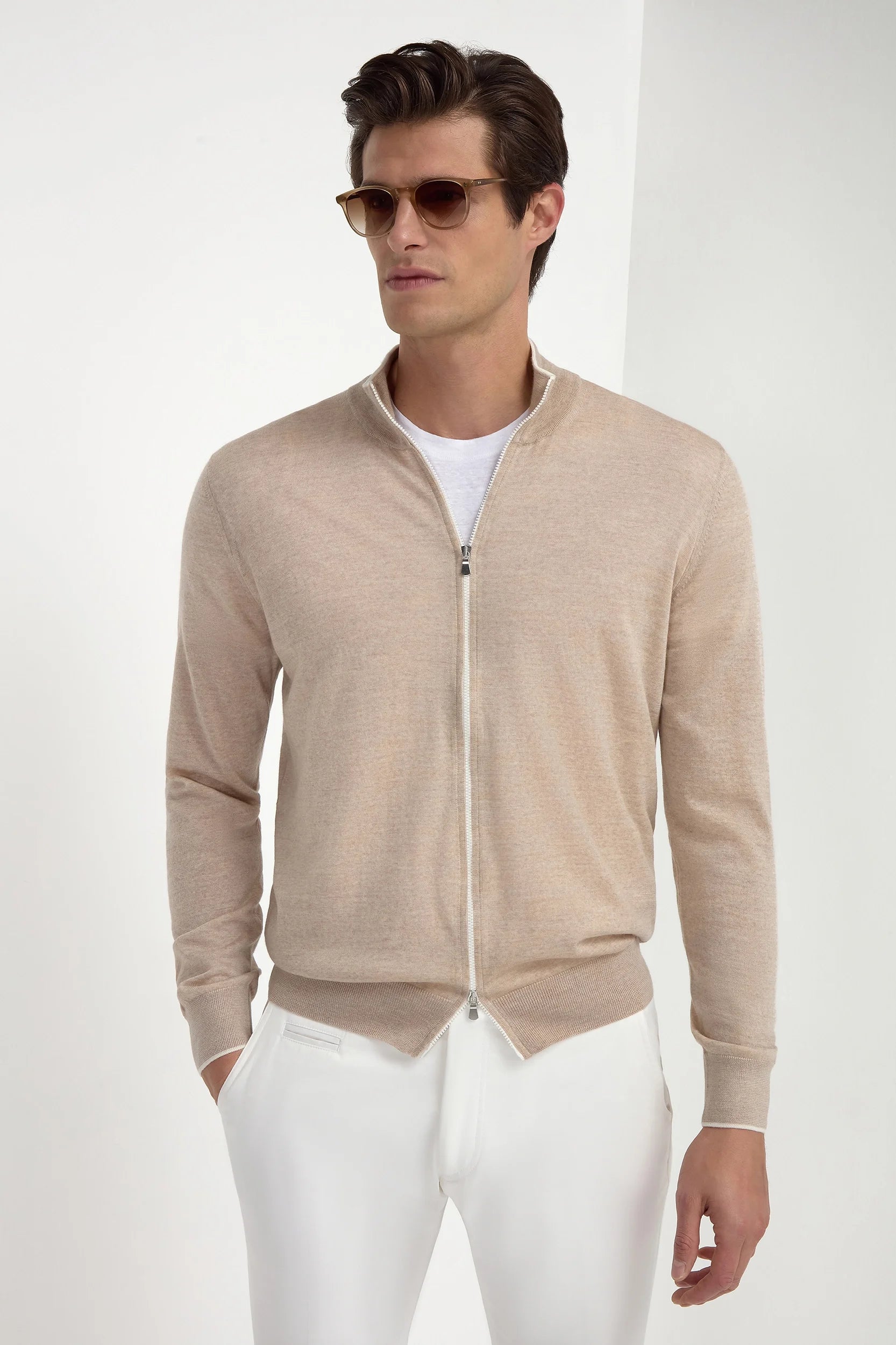 Taupe Tasmanian wool full zip cardigan - Made in Italy