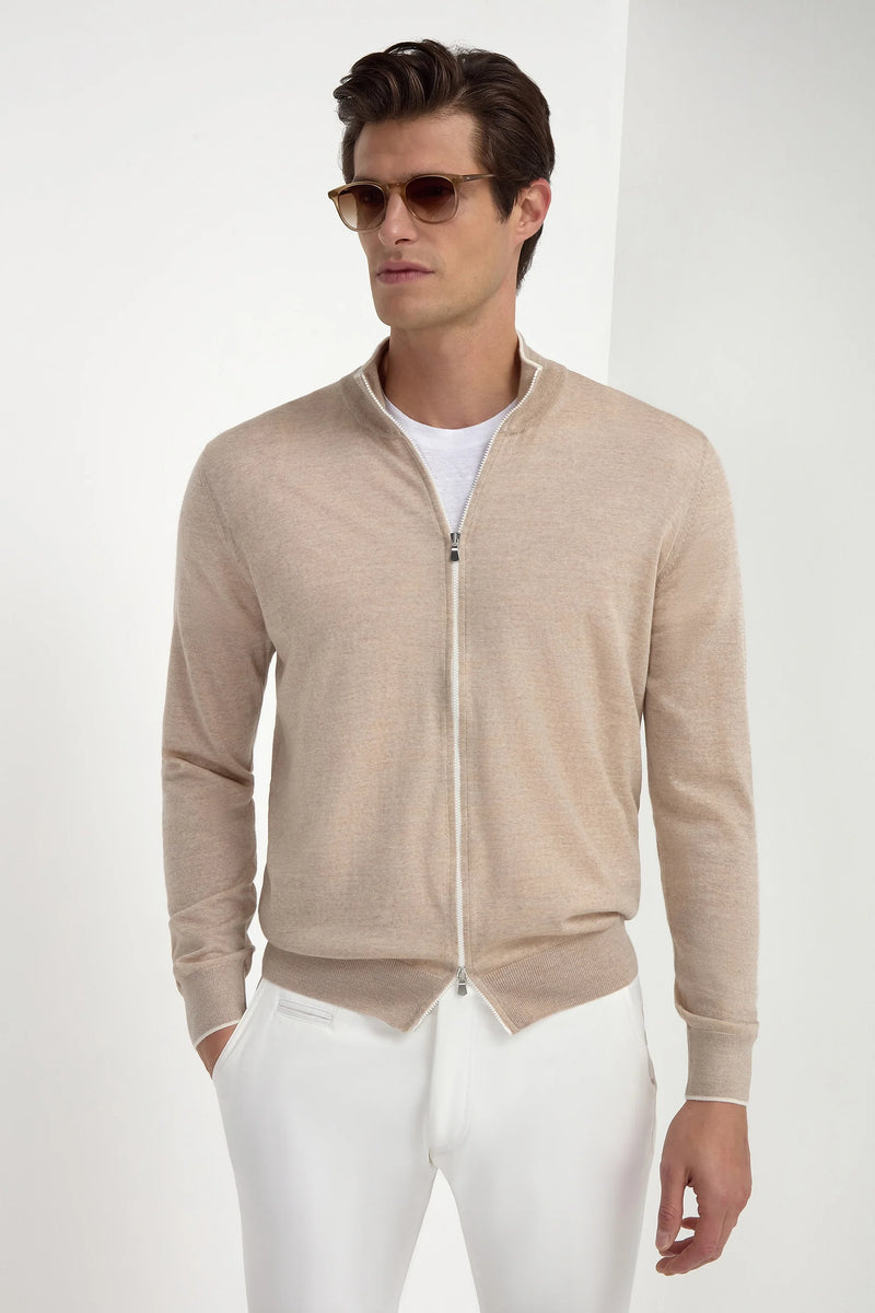 Cardigan zippé intégral en laine tasmanienne taupe - Made in Italy