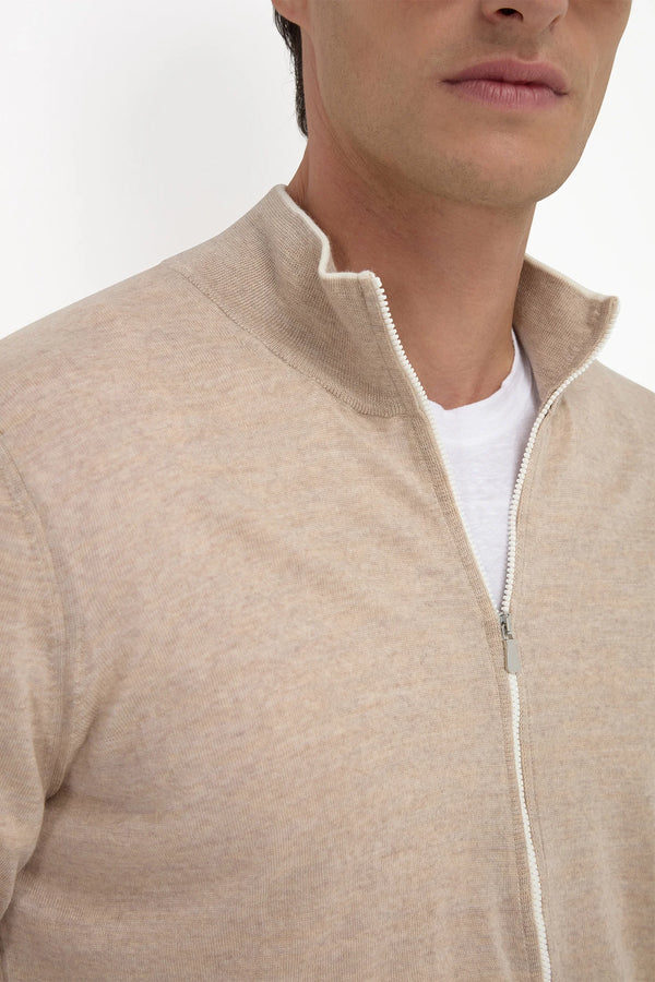 Cardigan zippé intégral en laine tasmanienne taupe - Made in Italy