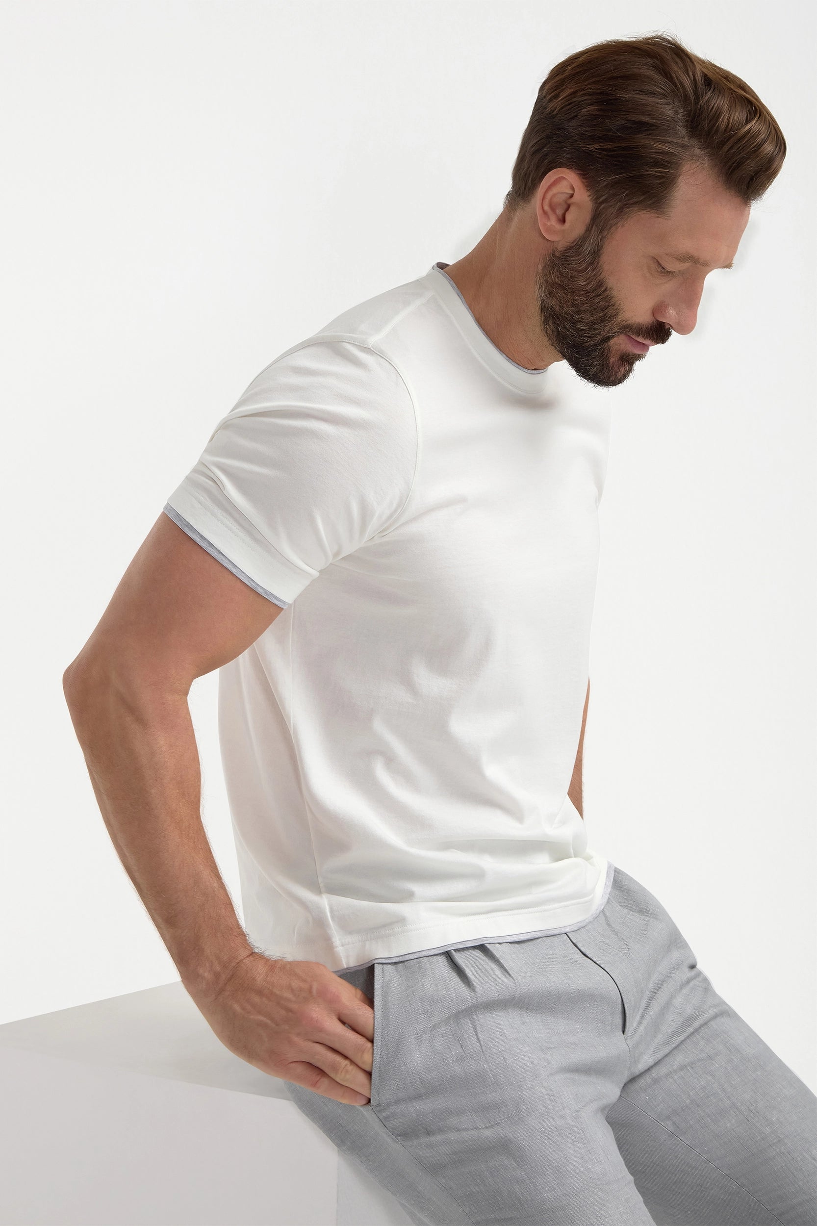 White cotton t-shirt with collar detail - Made in Italy