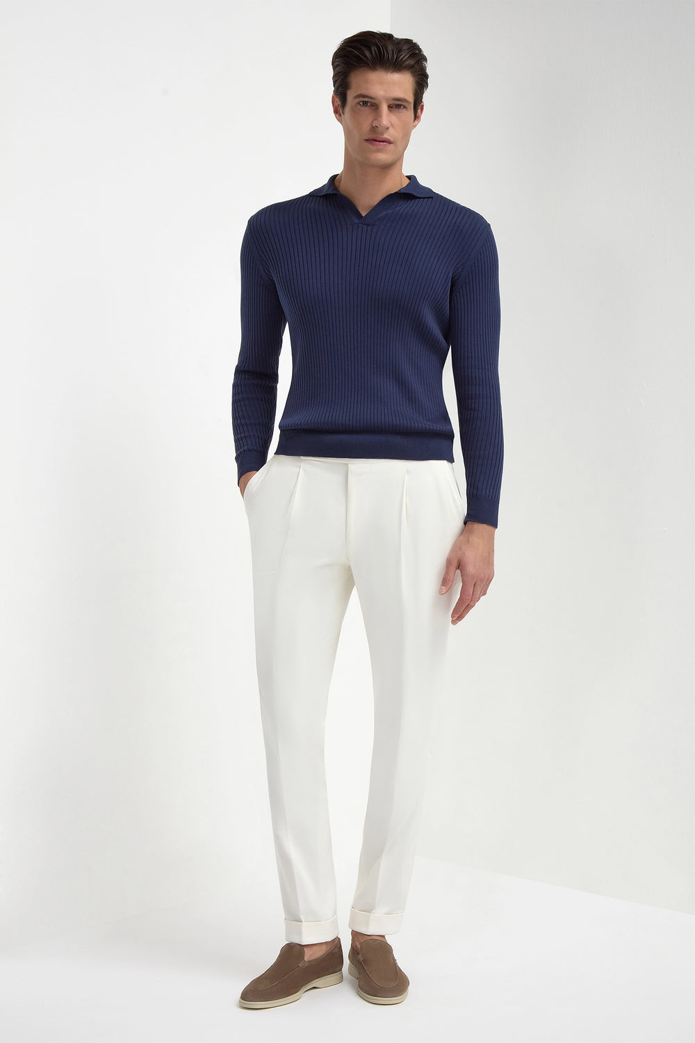 Blue thin rib long sleeve polo - Made in Italy