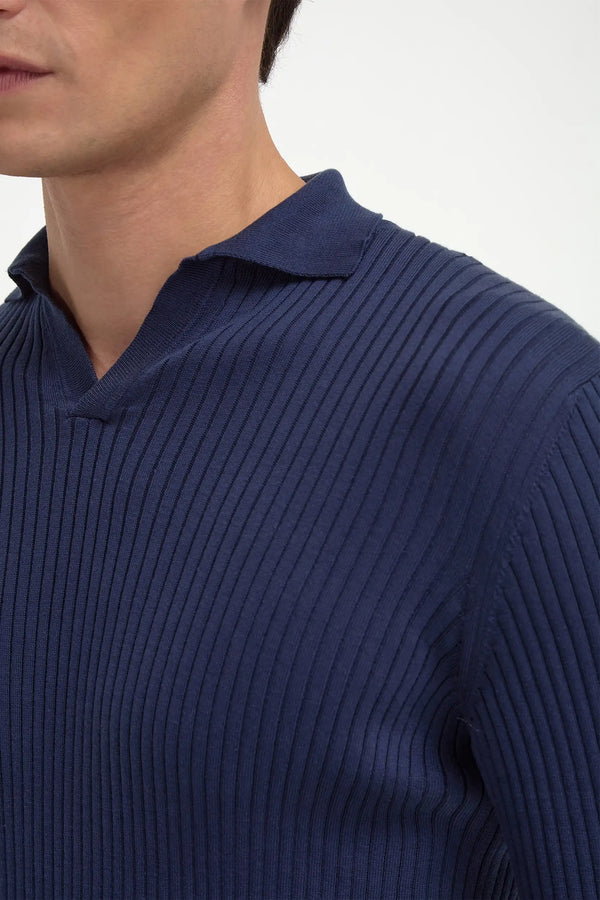 Blue thin rib long sleeve polo - Made in Italy