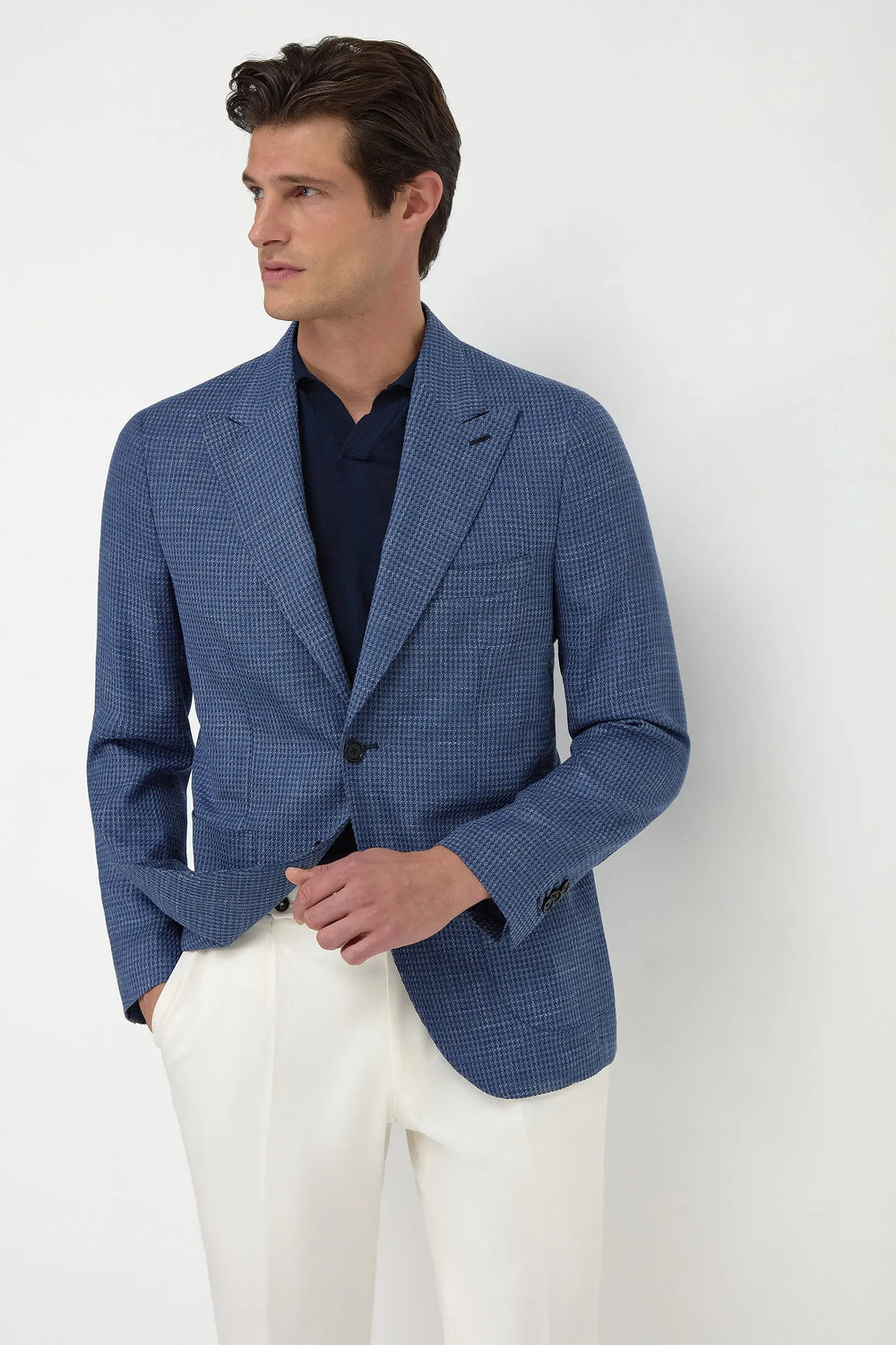 Avio Blue Houndstooth Soragna Jacket, men's avio blue blazer, elegant houndstooth jacket, tailored Soragna wool jacket, breathable formal blazer, veste Soragna bleu avio à motif pied-de-poule pour hommes, veste élégante en laine, veste formelle respirante, giacca Soragna blu avio pied-de-poule, giacca elegante sartoriale, blazer formale traspirante, Jersely Loro Piana