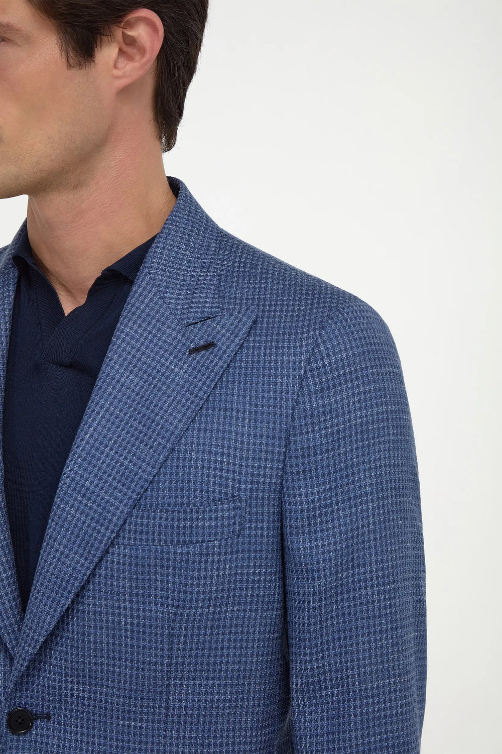 Avio Blue Houndstooth Soragna Jacket, men's avio blue blazer, elegant houndstooth jacket, tailored Soragna wool jacket, breathable formal blazer, veste Soragna bleu avio à motif pied-de-poule pour hommes, veste élégante en laine, veste formelle respirante, giacca Soragna blu avio pied-de-poule, giacca elegante sartoriale, blazer formale traspirante, Jersely Loro Piana