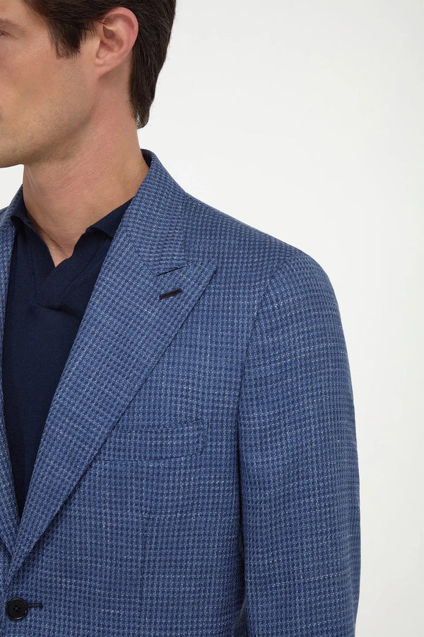 Avio Blue Houndstooth Soragna Jacket, men's avio blue blazer, elegant houndstooth jacket, tailored Soragna wool jacket, breathable formal blazer, veste Soragna bleu avio à motif pied-de-poule pour hommes, veste élégante en laine, veste formelle respirante, giacca Soragna blu avio pied-de-poule, giacca elegante sartoriale, blazer formale traspirante.