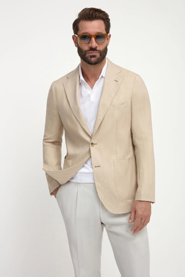 Beige Jacket in Cotton and Silk, men's beige lightweight blazer, elegant breathable jacket, refined casual and formal wear, soft and comfortable fabric, veste beige en coton et soie pour hommes, veste légère et respirante, veste élégante et confortable, giacca beige in cotone e seta, giacca traspirante e raffinata, abbigliamento sofisticato.