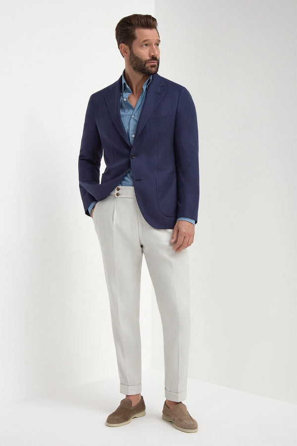 Blue Jacket in Cotton and Silk, men's blue lightweight blazer, elegant breathable jacket, refined casual and formal wear, soft and comfortable fabric, veste bleue en coton et soie pour hommes, veste légère et respirante, veste élégante et confortable, giacca blu in cotone e seta, giacca traspirante e raffinata, abbigliamento sofisticato, Loro Piana "Softime"