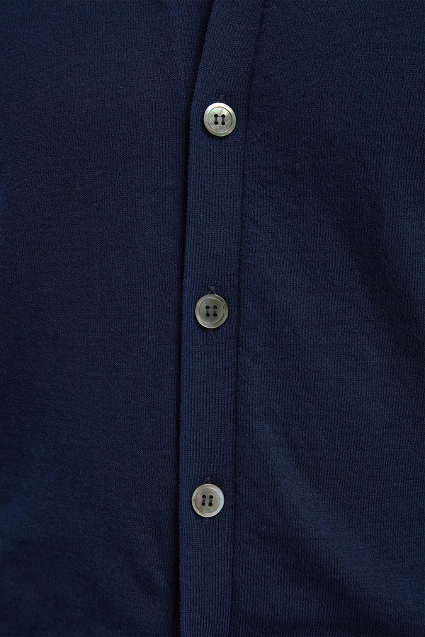 Blue Polo Cardigan, men's blue knit cardigan, elegant buttoned polo cardigan, lightweight breathable knitwear, refined casual layering, cardigan polo bleu pour hommes, cardigan élégant en maille, veste légère et respirante, cardigan polo blu, maglia raffinata e traspirante, abbigliamento casual elegante.