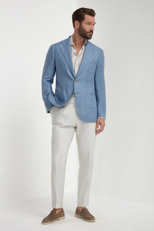 Light Blue Linen Jacket, men's light blue blazer, elegant linen jacket, breathable summer jacket, casual yet refined blazer, veste en lin bleu clair pour hommes, veste élégante en lin, veste respirante d'été, giacca azzurro chiaro in lino, giacca elegante estiva, blazer traspirante in lino.