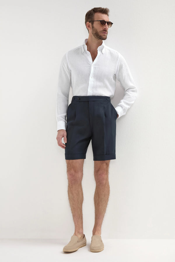 Navy Linen Shorts, men's navy blue breathable linen shorts, elegant lightweight summer shorts, refined casual wear, comfortable and versatile, short en lin bleu marine pour hommes, short estival respirant, short élégant et sophistiqué, pantaloncini in lino blu navy, bermuda traspirante e raffinato, abbigliamento casual di classe.