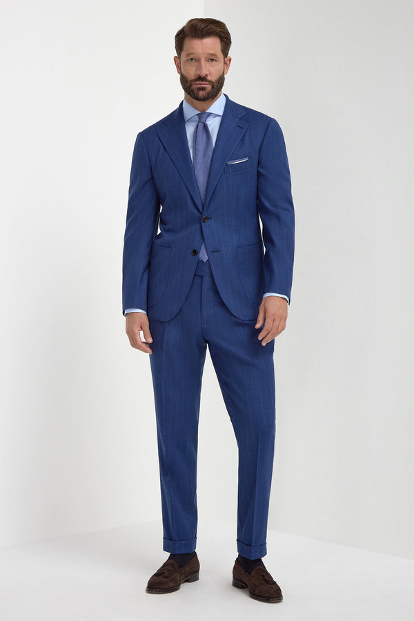 Royal Blue Striped Suit, men's royal blue pinstripe suit, elegant tailored suit, formal striped wool suit, breathable business suit, costume bleu royal à rayures pour hommes, costume élégant en laine, costume formel respirant, abito blu royal gessato, abito elegante sartoriale, completo formale in lana.