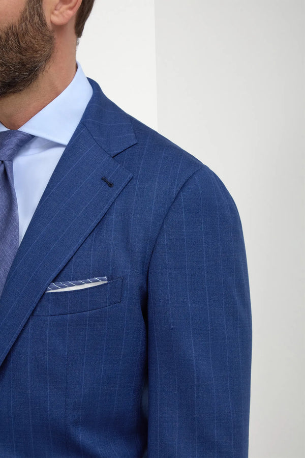 Royal Blue Striped Suit, men's royal blue pinstripe suit, elegant tailored suit, formal striped wool suit, breathable business suit, costume bleu royal à rayures pour hommes, costume élégant en laine, costume formel respirant, abito blu royal gessato, abito elegante sartoriale, completo formale in lana.