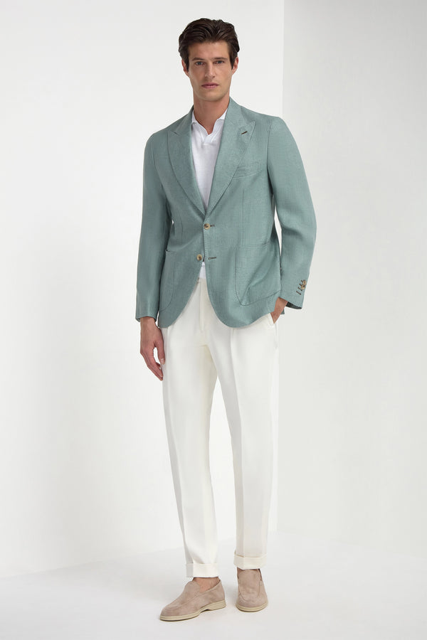 Water Green Linen Soragna Jacket, men's light green linen blazer, elegant breathable jacket, refined summer tailoring, lightweight and comfortable, veste Soragna en lin vert d'eau pour hommes, veste estivale respirante, veste élégante et sophistiquée, giacca Soragna in lino verde acqua, giacca leggera e traspirante, abbigliamento sartoriale raffinato.