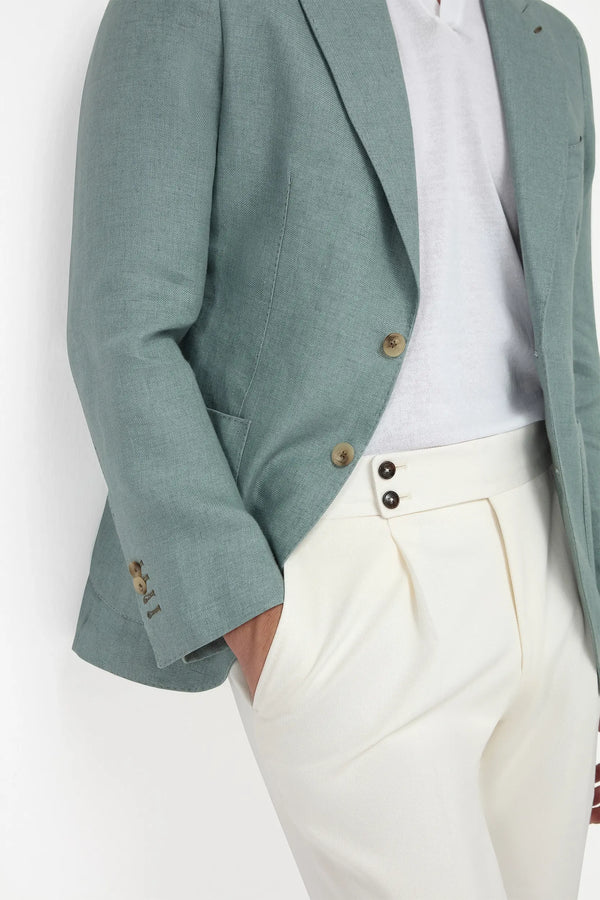 Water Green Linen Soragna Jacket, men's light green linen blazer, elegant breathable jacket, refined summer tailoring, lightweight and comfortable, veste Soragna en lin vert d'eau pour hommes, veste estivale respirante, veste élégante et sophistiquée, giacca Soragna in lino verde acqua, giacca leggera e traspirante, abbigliamento sartoriale raffinato.