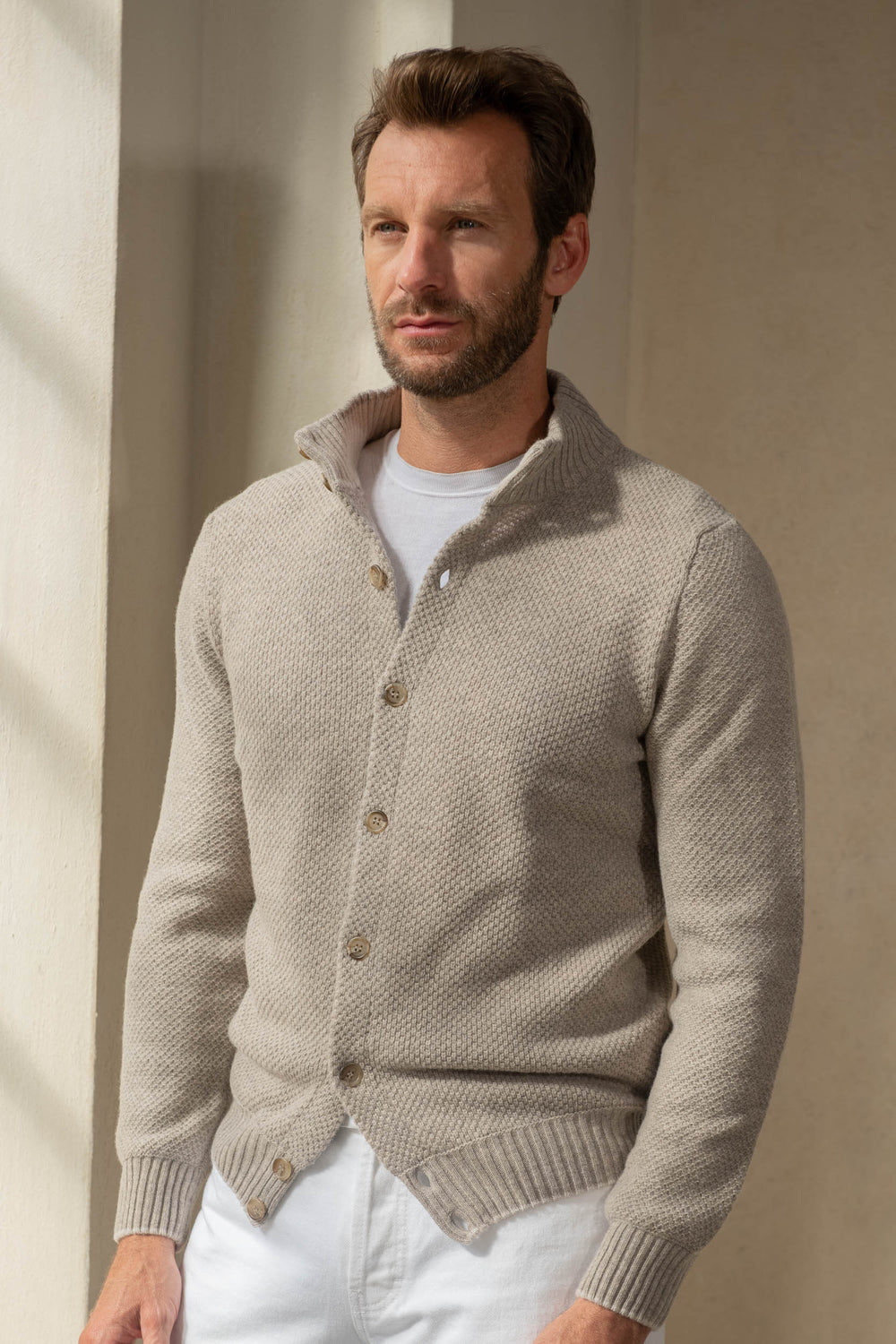 Cardigan in misto cashmere testurizzato beige – Made in Italy