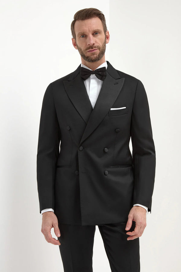 Black Double-Breasted Tuxedo, men's black tuxedo, elegant double-breasted tuxedo, formal black evening suit, breathable black tuxedo, smoking noir croisé, costume de soirée noir pour hommes, costume formel noir croisé, smoking nero doppiopetto, abito elegante da sera, abito formale nero doppiopetto.