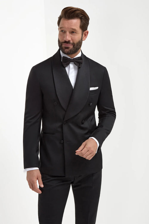 Black Double-Breasted Tuxedo Jacket, men's black tuxedo jacket, elegant black evening jacket, formal black double-breasted jacket, breathable tuxedo jacket, veste de smoking noire croisée, veste élégante de soirée pour hommes, veste formelle noire croisée, giacca da smoking nera doppiopetto, giacca elegante da sera, giacca formale nera doppiopetto.