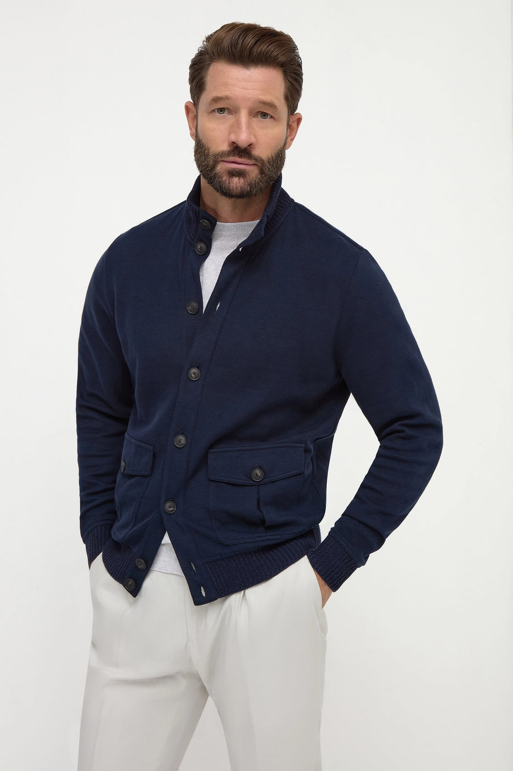 Blue cotton knitted bomber – Made in Italy