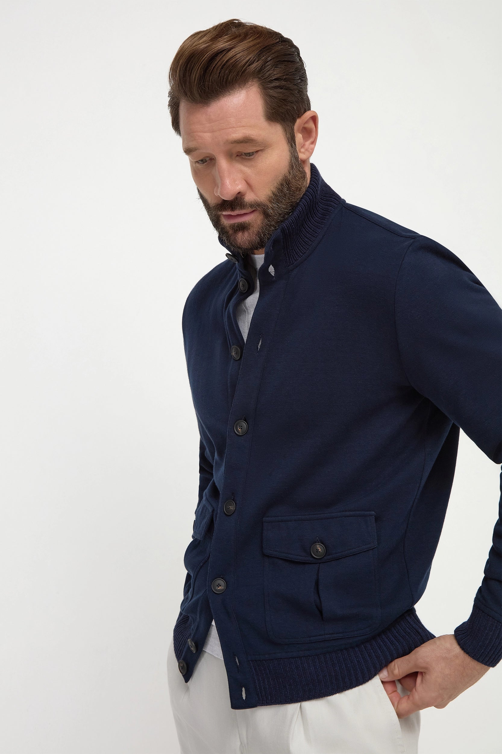 Bomber en maille de coton bleu – Made in Italy