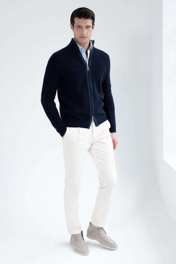 Full zip in misto cashmere nido d'ape blu – Made in Italy