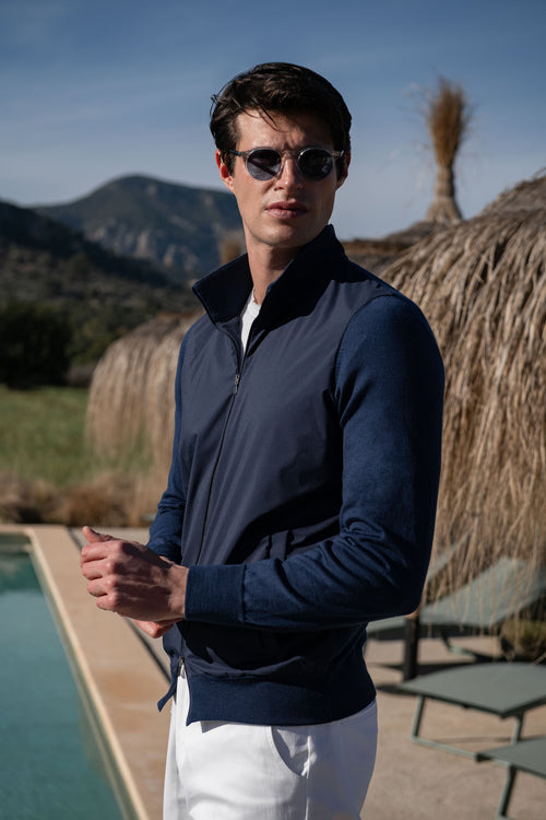 Blouson aviateur en tricot et nylon bleu – Made in Italy