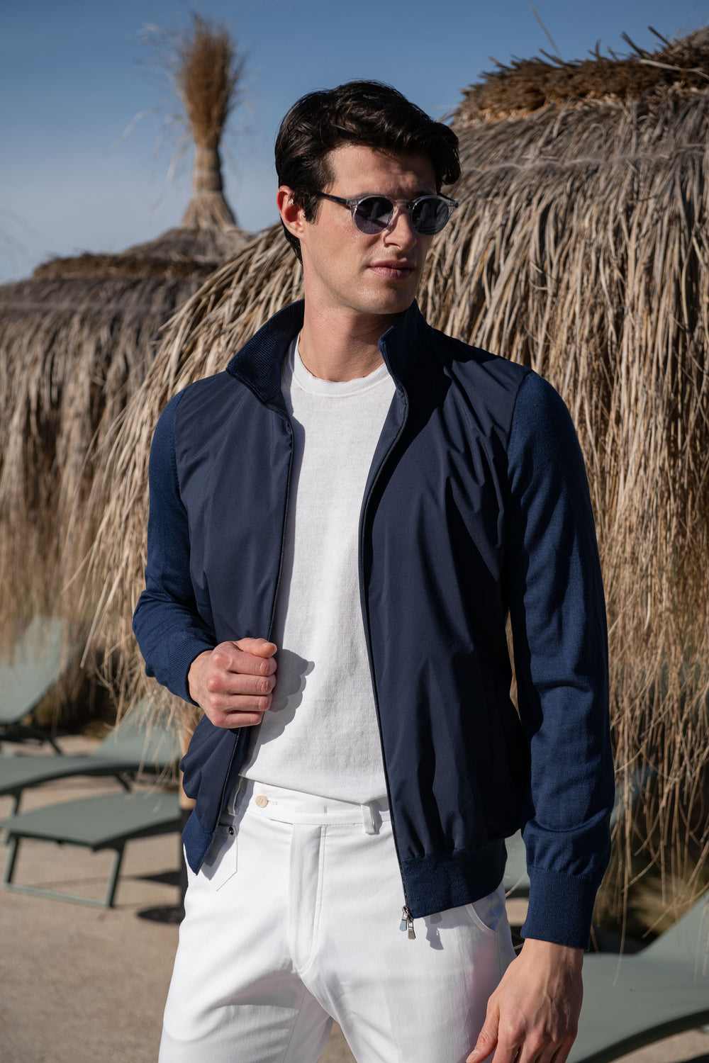 Blouson aviateur en tricot et nylon bleu – Made in Italy