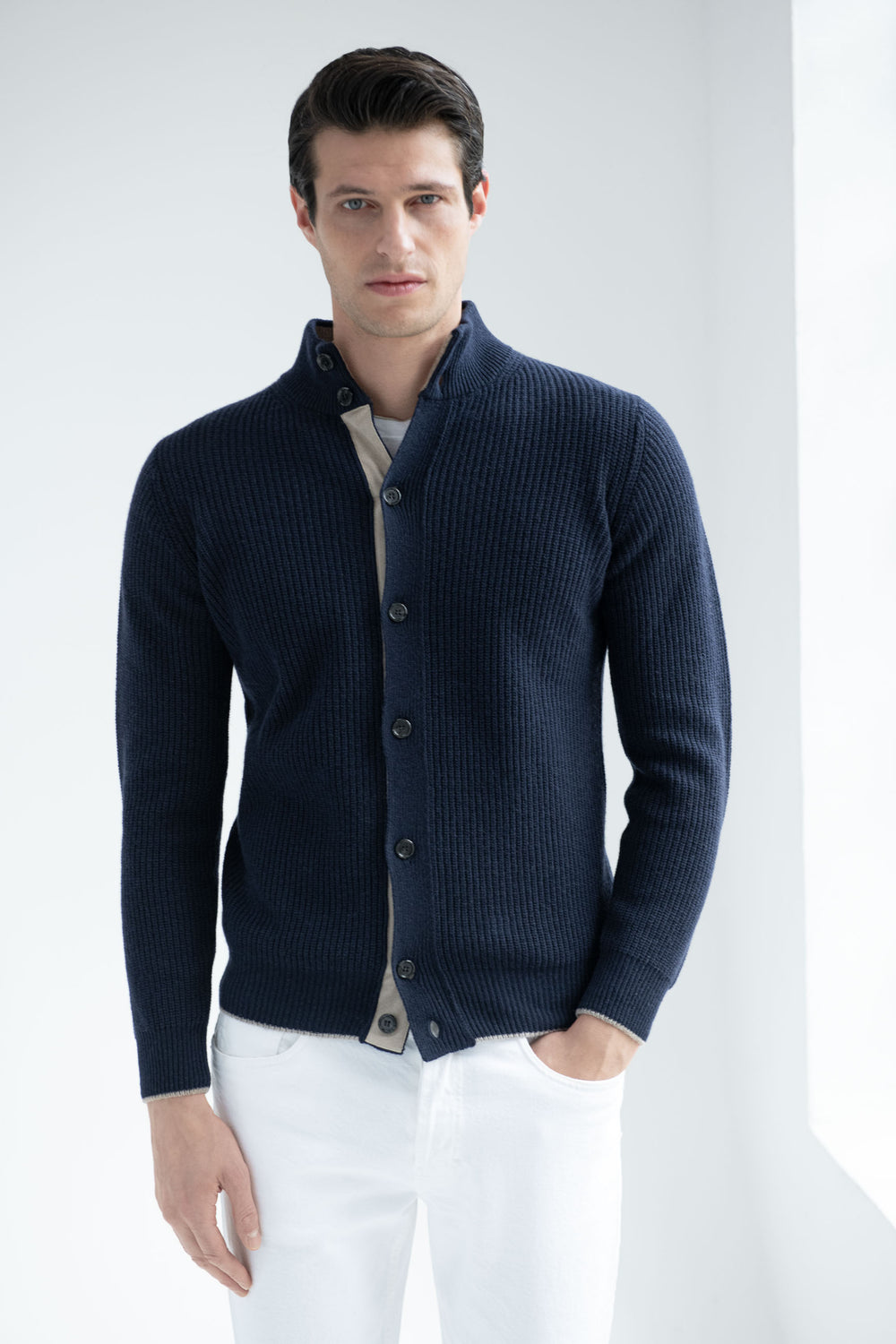 Cardigan blu in misto cashmere a coste – Made in Italy