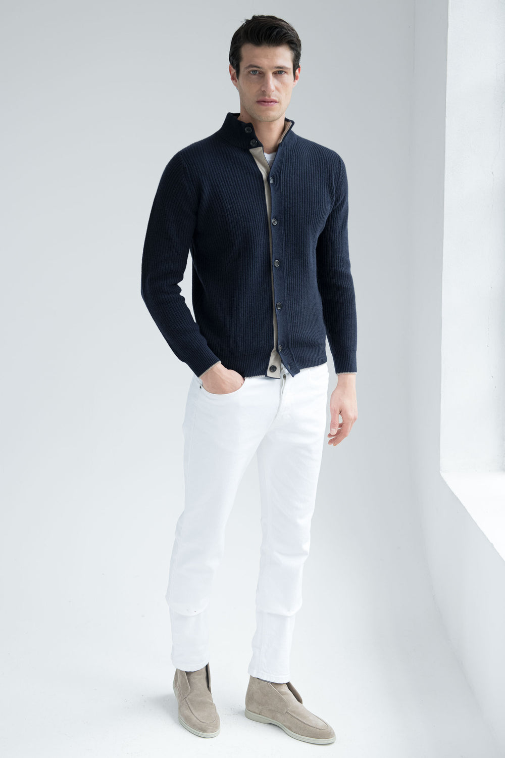 Cardigan blu in misto cashmere a coste – Made in Italy