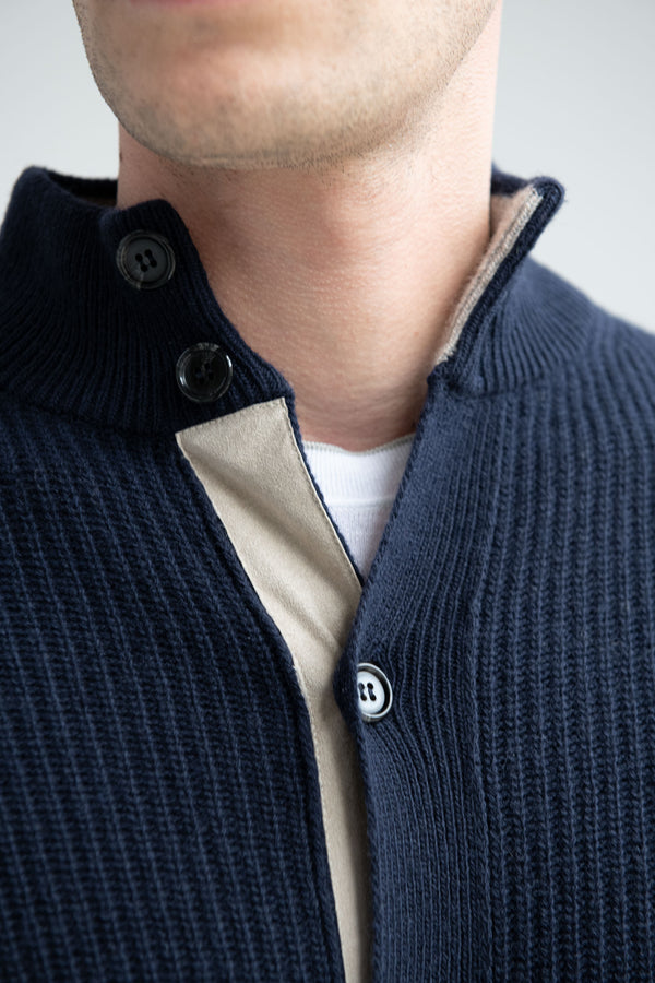 Cardigan côtelé bleu en mélange de cachemire – Made in Italy