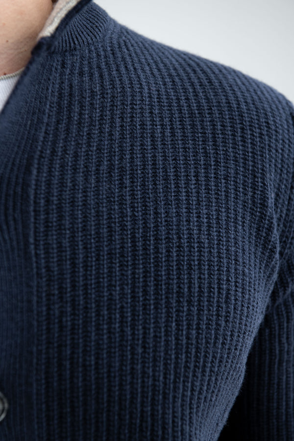 Cardigan côtelé bleu en mélange de cachemire – Made in Italy