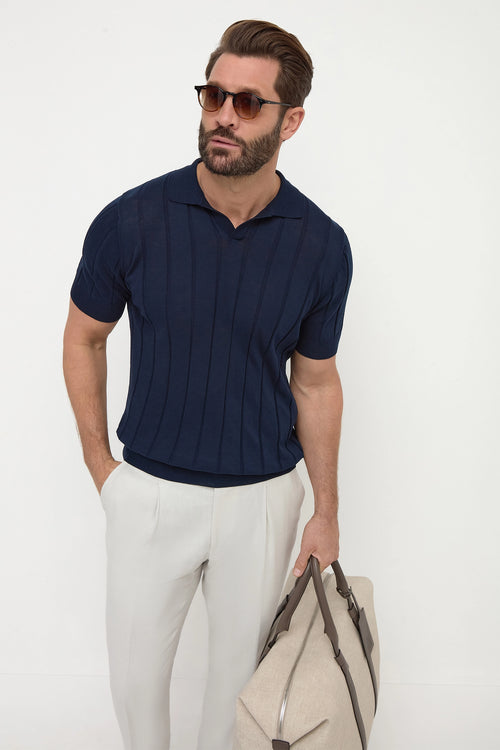 Blue Ribbed Polo, Knit Polo Blue, cotton knitted polo, cotton ribbed blue polo, Blue Ribbed Knit Polo, Polo blu a coste, Polo blu a maglia, Polo in cotone a maglia, Polo blu in cotone a coste, Polo blu a maglia, Polo bleu côtelé, Polo bleu tricoté, Polo coton tricoté, Polo bleu coton côtelé, Polo bleu