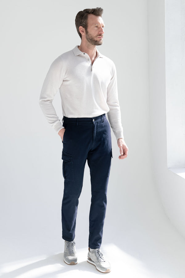 Cargo Trousers in Italian Cotton, High Rise Italian Cargo, Blue Cotton Cargo Trousers, Pantaloni cargo in cotone italiano, pantaloni cargo italiani a vita alta, pantaloni cargo in cotone blu, Pantaloni cargo in cotone italiano, pantaloni cargo italiani a vita alta, pantaloni cargo in cotone blu