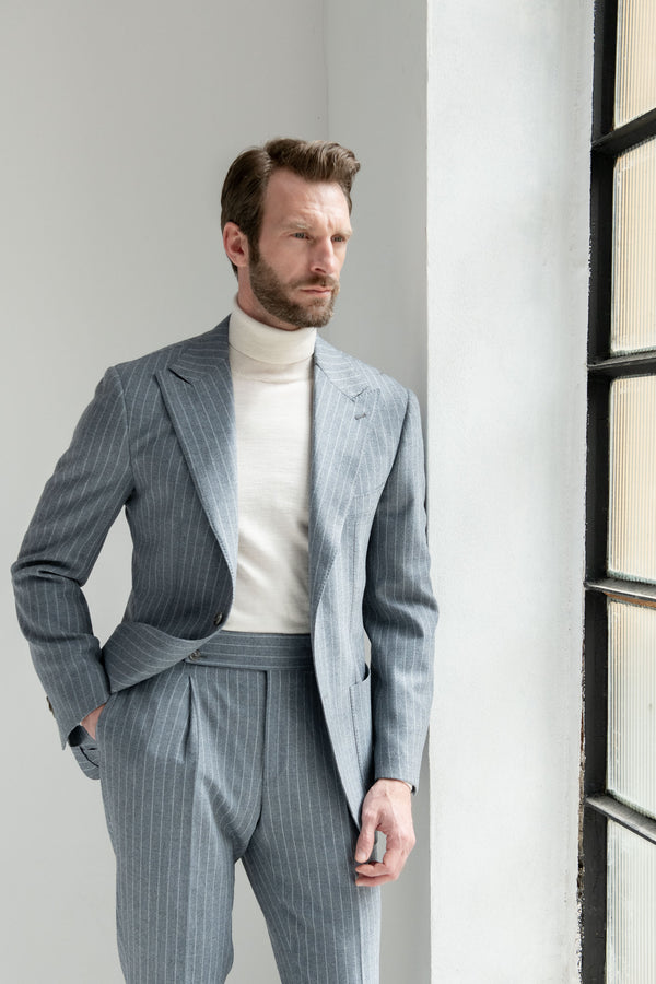 Dusty blue striped 130'S suit - Made in Italy