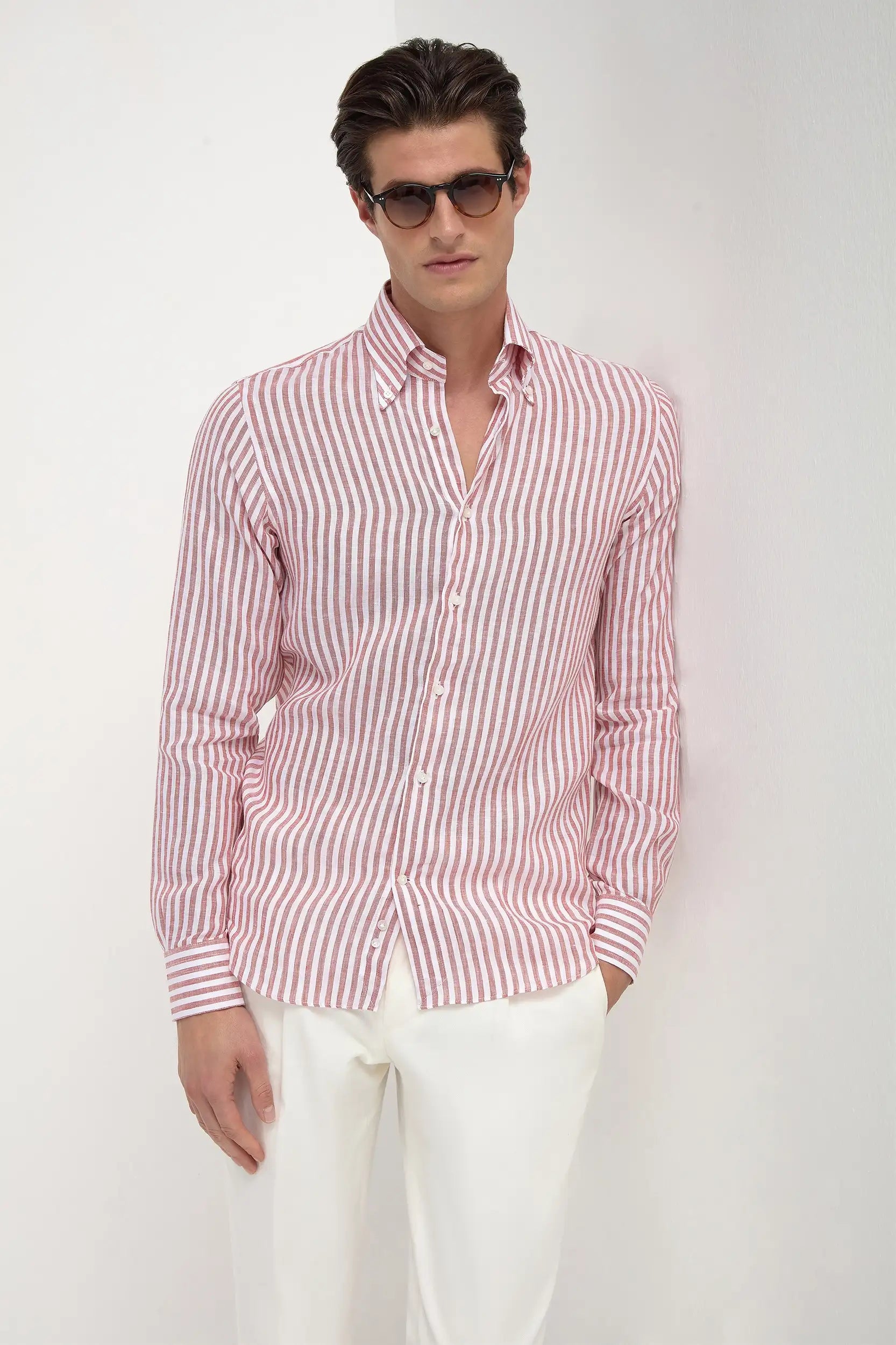 Camicia button down a righe color mattone - Made in Italy