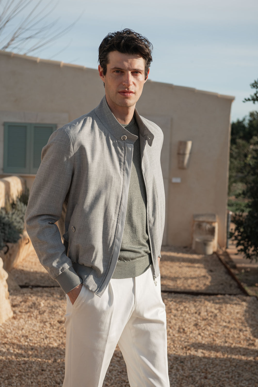 Veste courte grise en tissu Loro Piana – Made in Italy