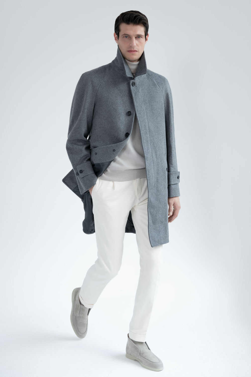 Manteau raglan gris en laine Loro Piana – Made in Italy