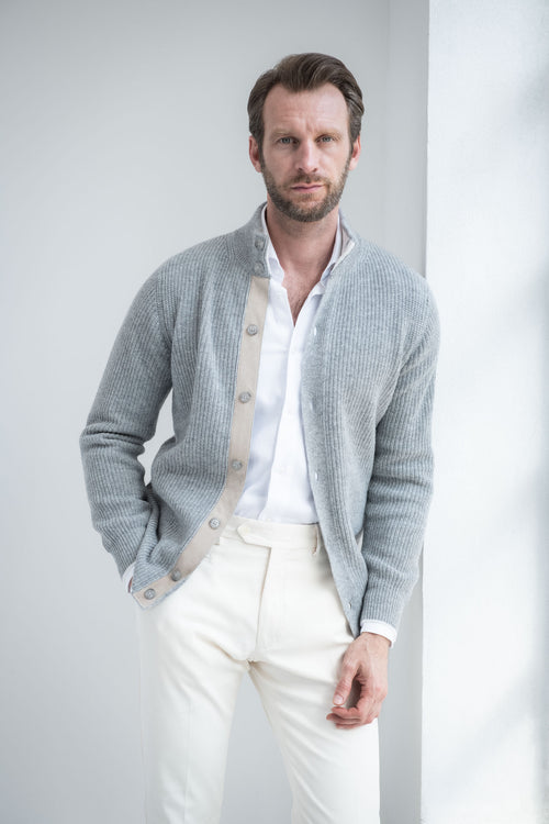 Cardigan côtelé en mélange de cachemire gris – Made in Italy