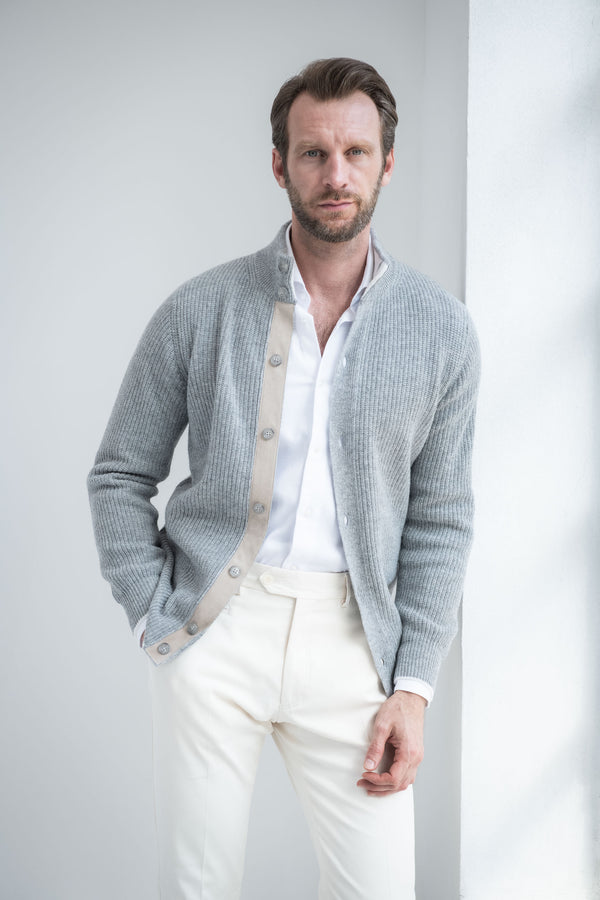 Grey ribbed cashmere blend cardigan – Made in Italy