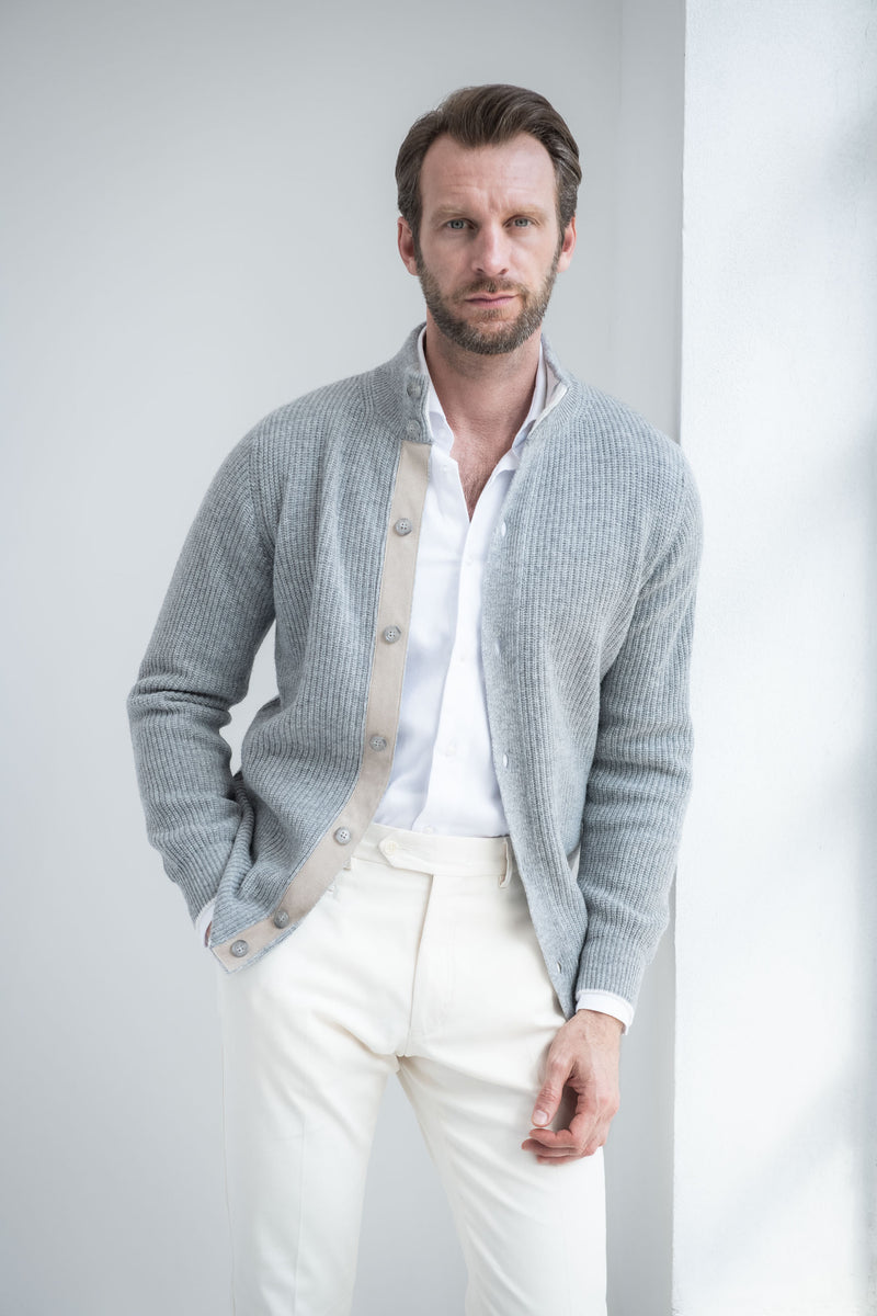 Cardigan in misto cashmere a coste grigio – Made in Italy