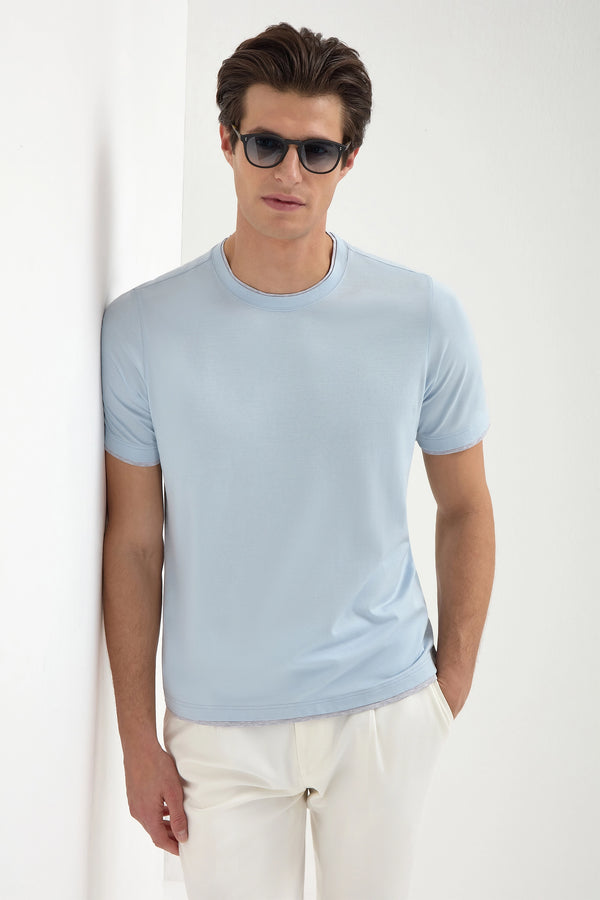 Light blue cotton t-shirt with collar detail - Made in Italy