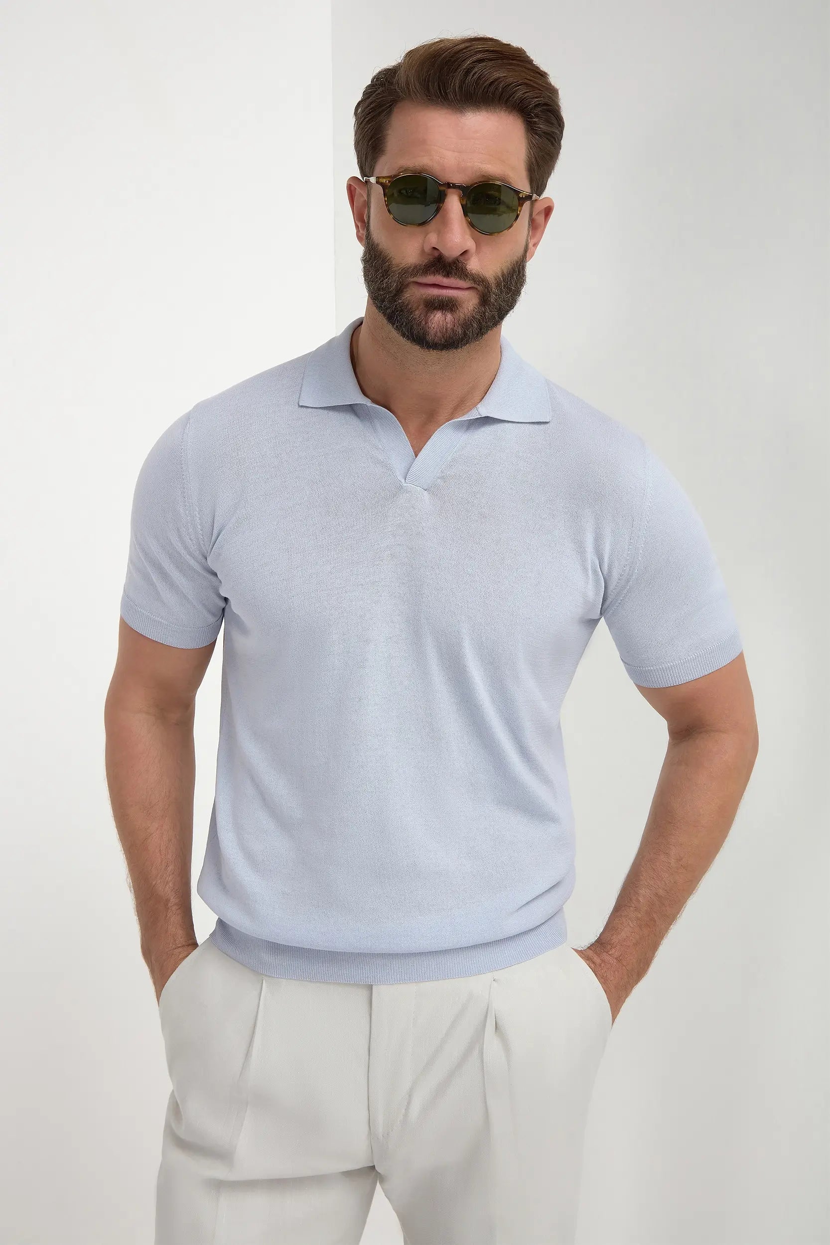 Light Blue Polo, men's light blue short-sleeve polo shirt, elegant breathable polo, refined casual wear, lightweight and comfortable, polo bleu clair pour hommes, polo respirant et raffiné, polo estival élégant, polo azzurro, maglia traspirante e sofisticata, abbigliamento casual di classe.